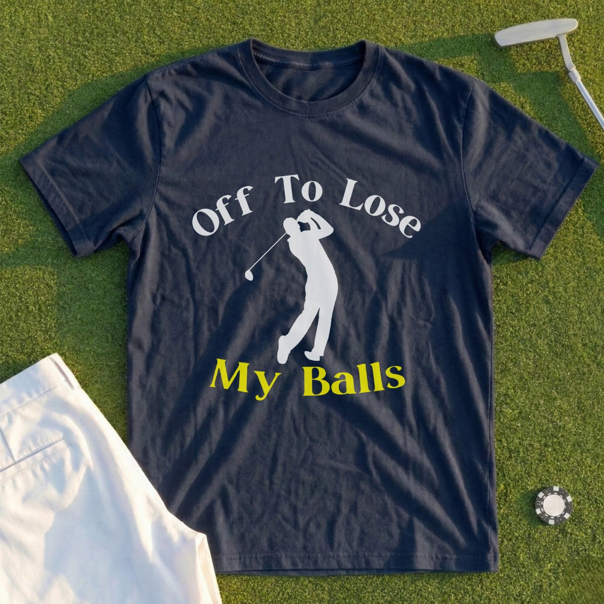 Navy t-shirt with white text and a golf silhouette.