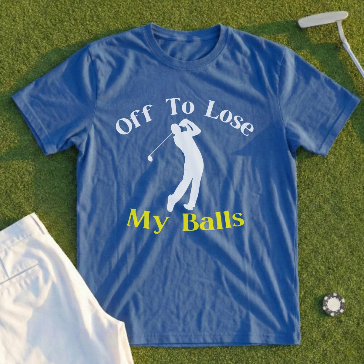 Blue t-shirt with "Off To Lose My Balls" text and golfer graphic.