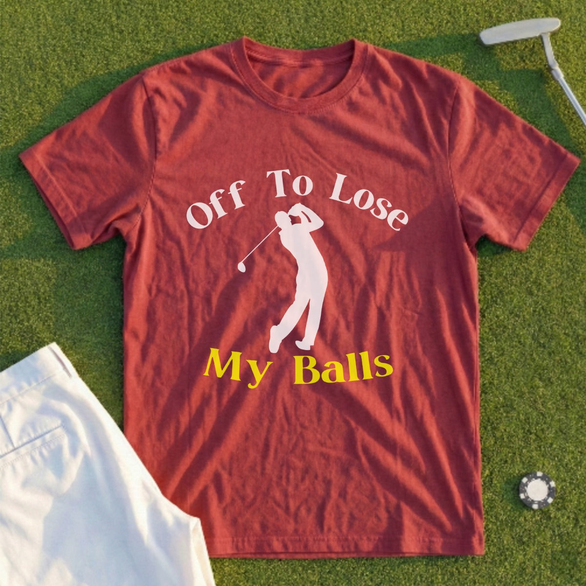 Red t-shirt with "Off To Lose My Balls" text and a golfer graphic.