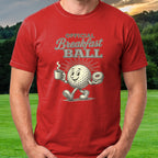 Official Breakfast Ball, Engraved Portrait Tee worn on the golf course, Red