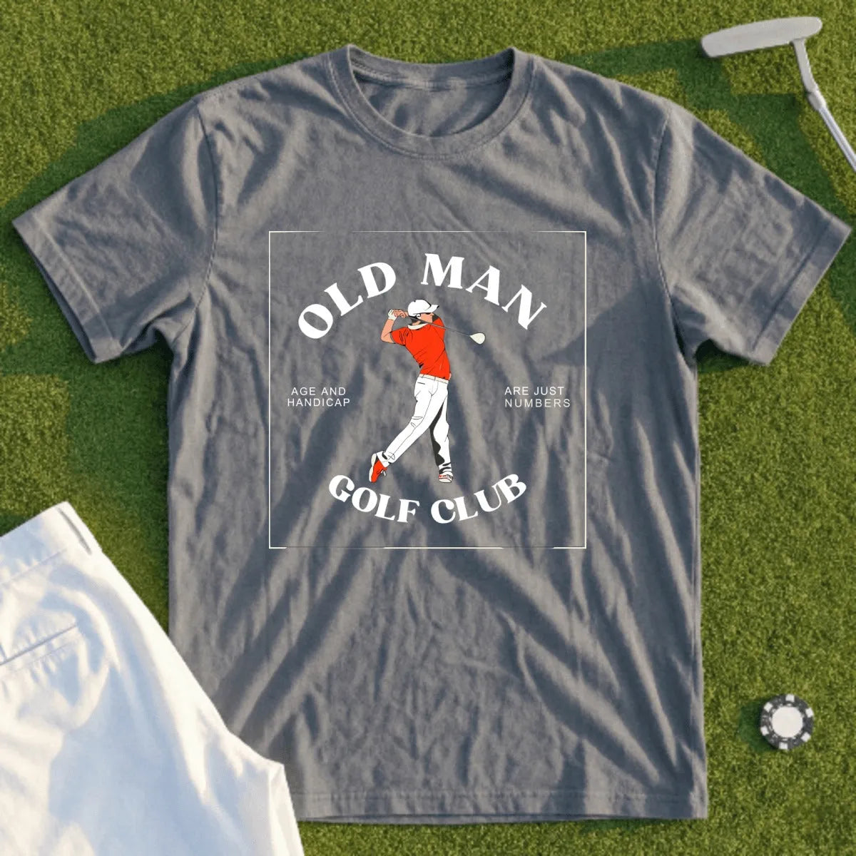 T-shirt with "Old Man Golf Club" text, golfer graphic, and "Age and Handicap are just numbers" slogan.