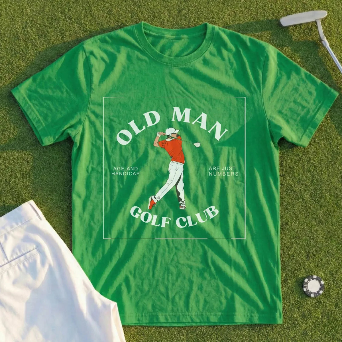 Green t-shirt with "Old Man Golf Club" graphic and golfer illustration.