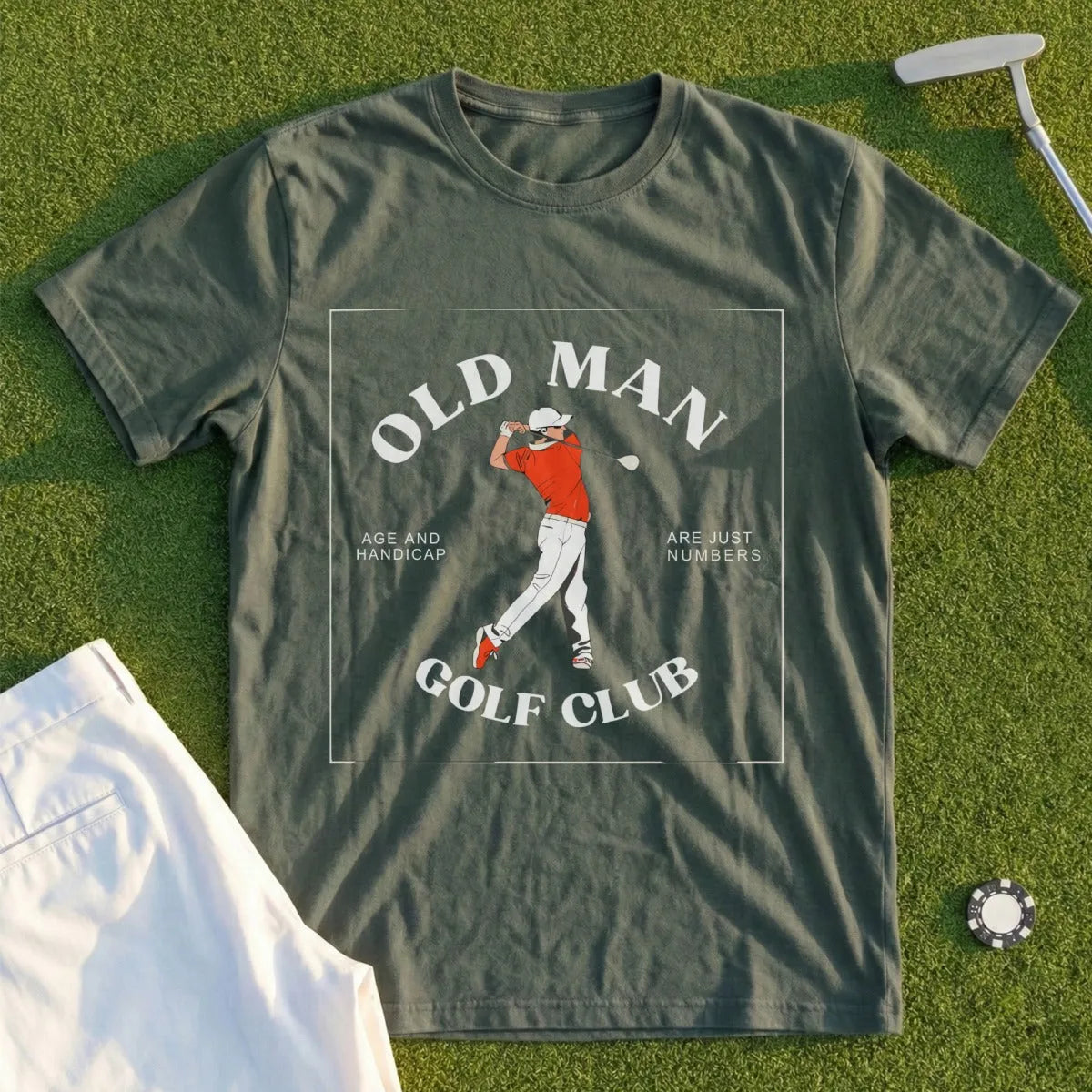 Green t-shirt with white text and a golfer graphic.