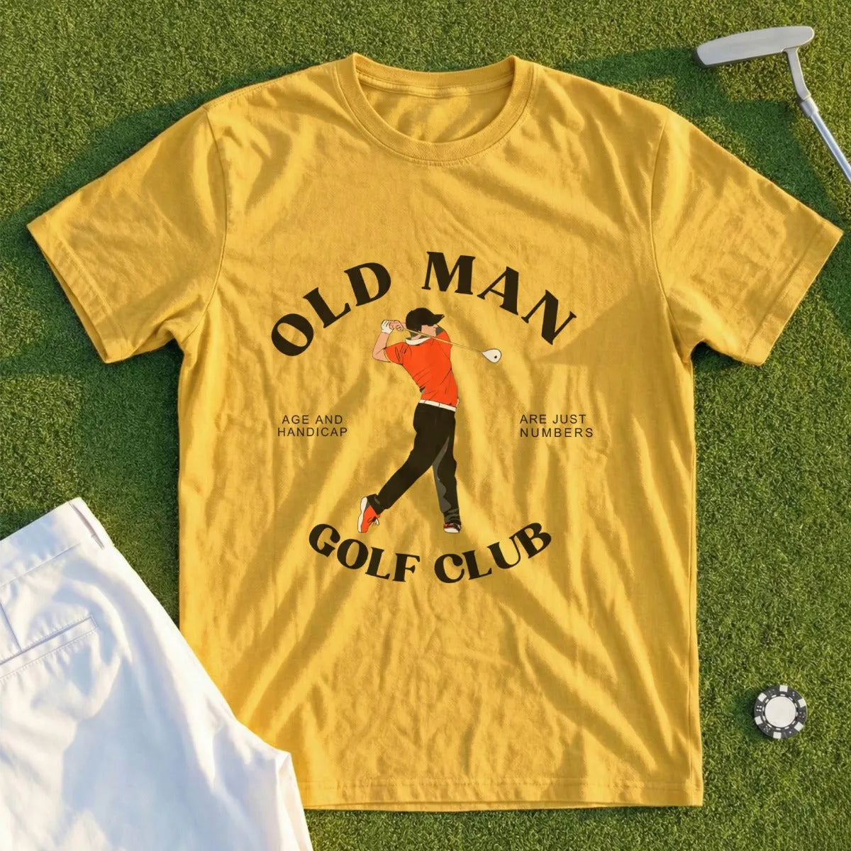 Yellow t-shirt with golfer graphic and text "Old Man Golf Club".