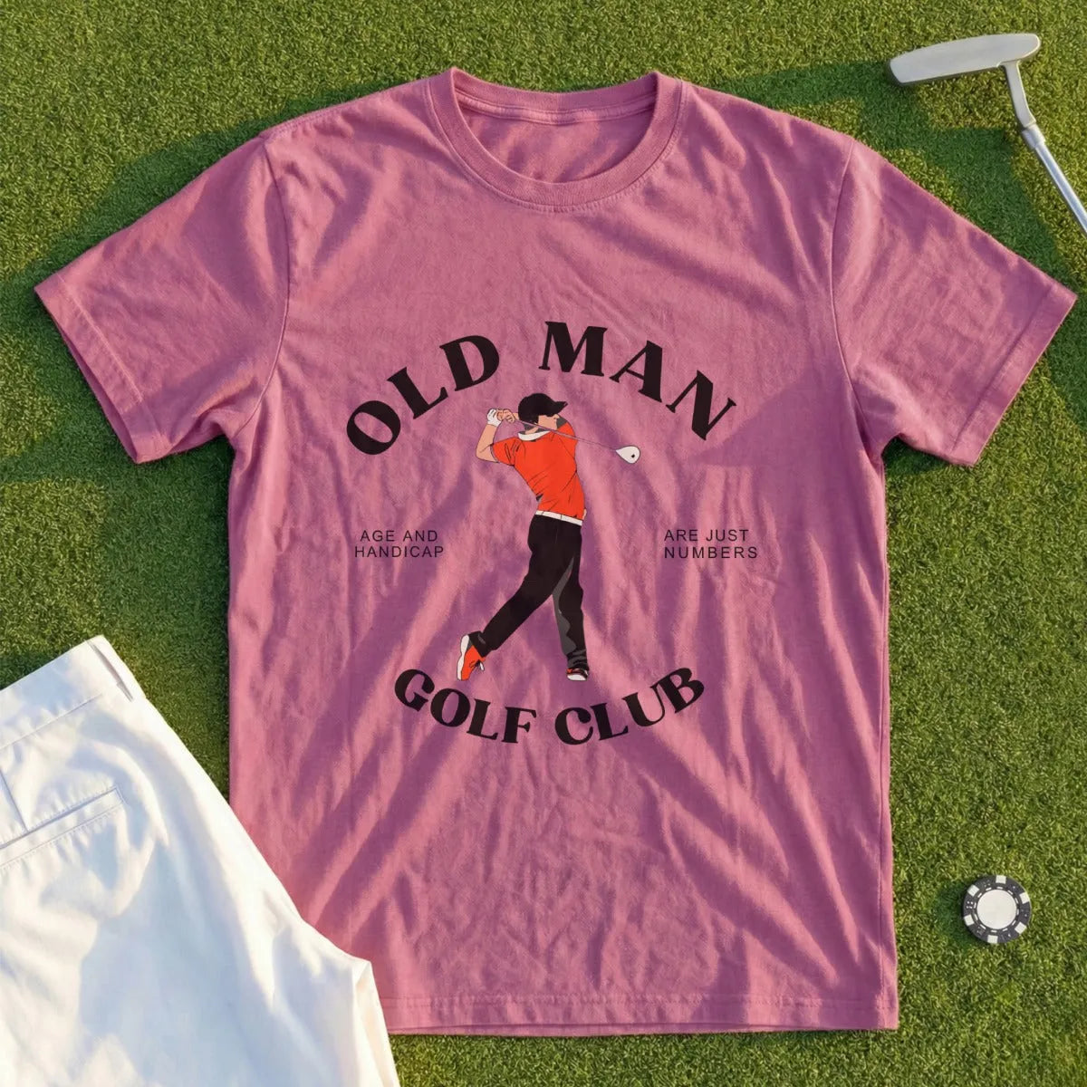 T-shirt with "Old Man Golf Club" graphic featuring a golfer.