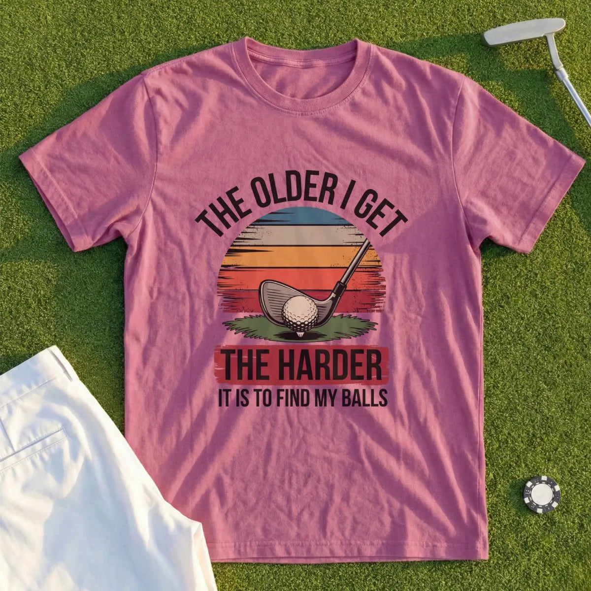 T-shirt with "The older I get the harder it is to find my balls" text and golf club.