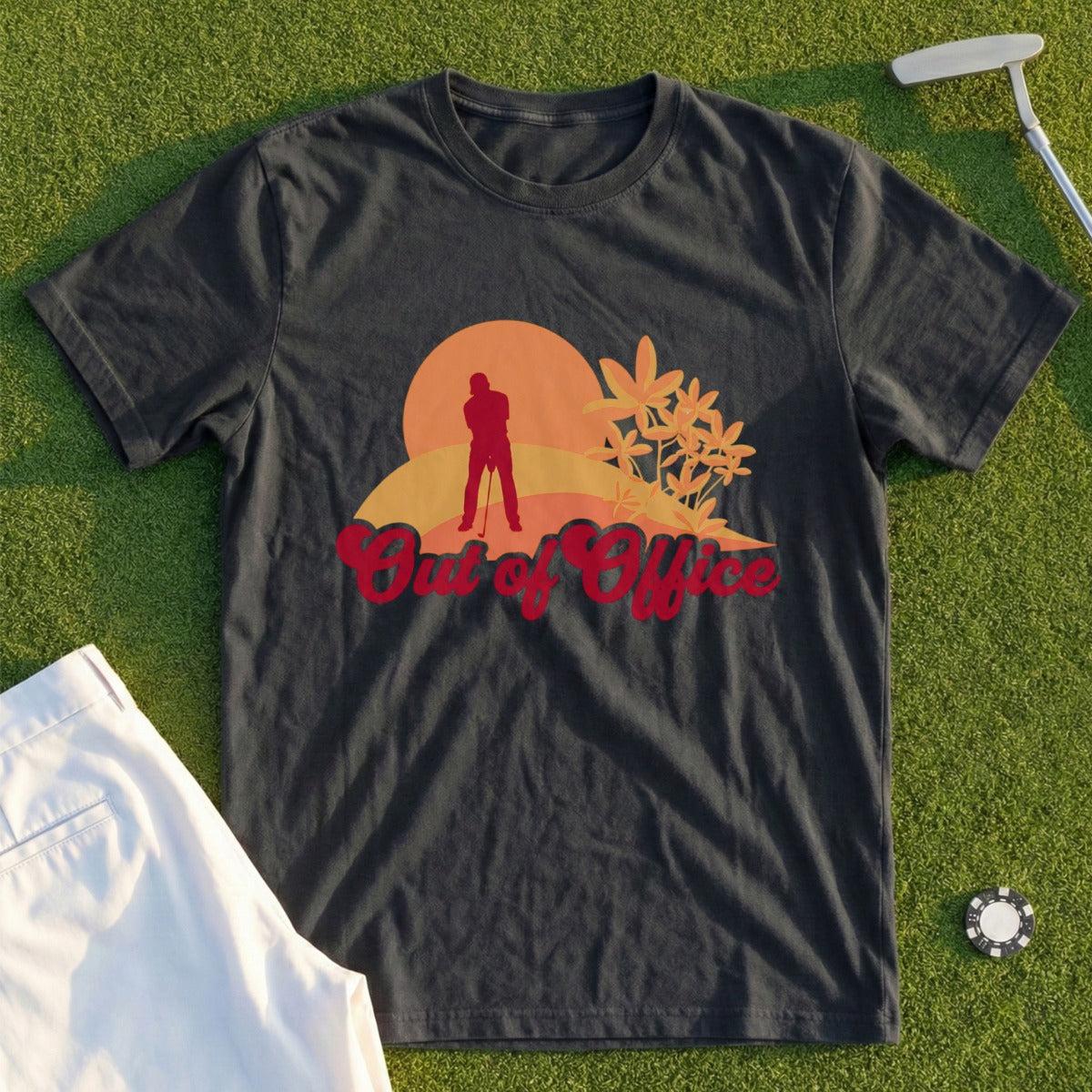 Dark t-shirt with "Out of Office" text and golf sunset graphic.