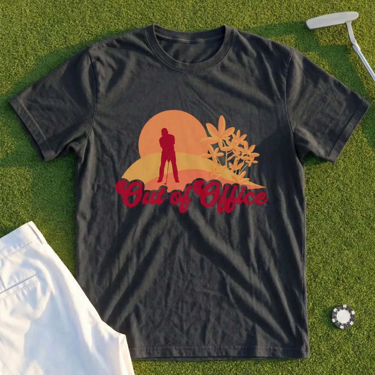 Dark t-shirt with "Out of Office" text and golf sunset graphic.