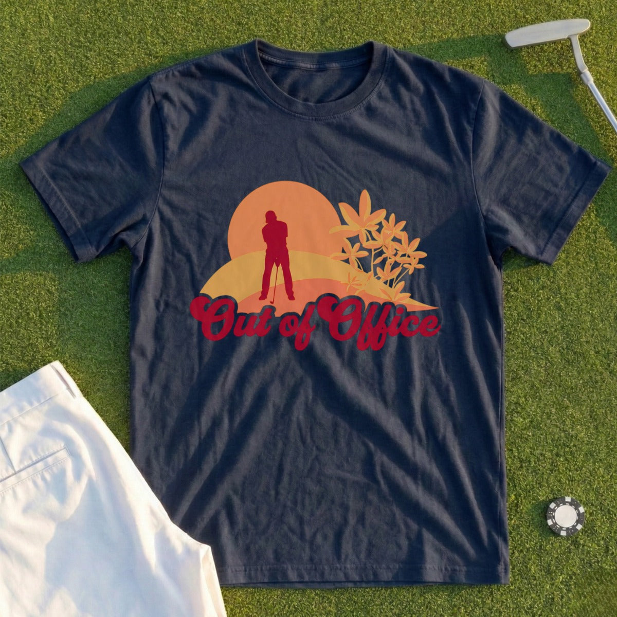 Navy t-shirt with "Out of Office" text and a golf sunset graphic.