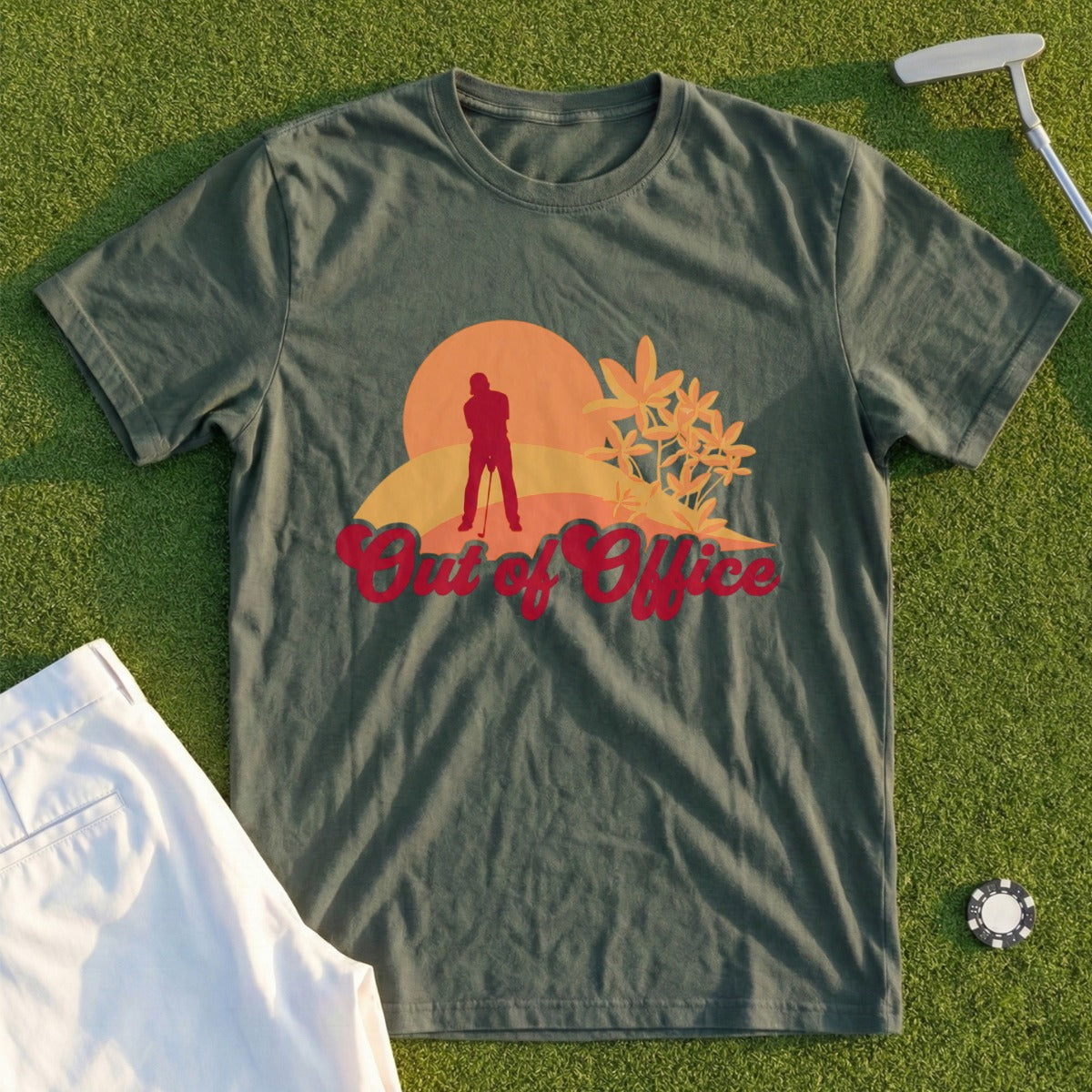 Green t-shirt with "Out of Office" text and golfer silhouette graphic.