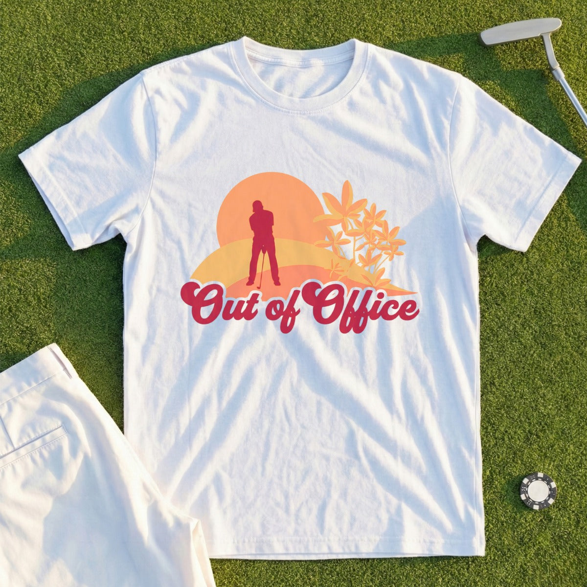 White t-shirt with "Out of Office" text and golf graphic.