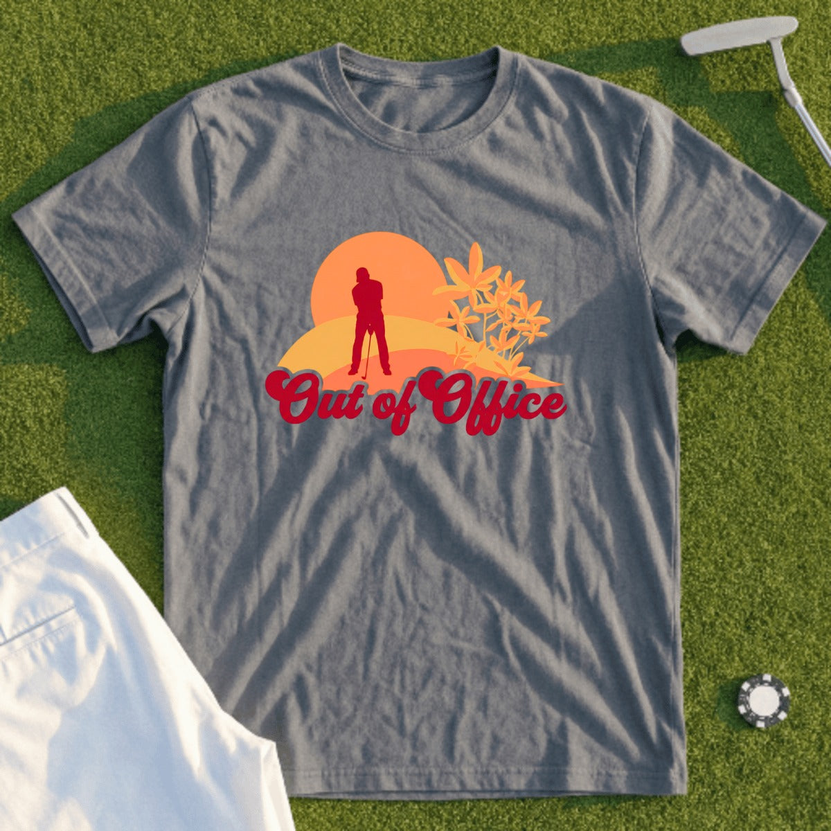 Gray t-shirt with "Out of Office" text and a golfer silhouette at sunset.