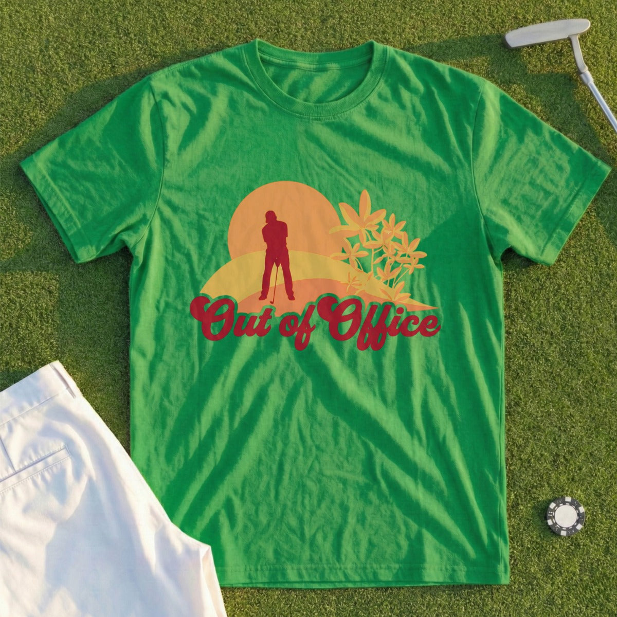 Green t-shirt with "Out of Office" text and golfer graphic.