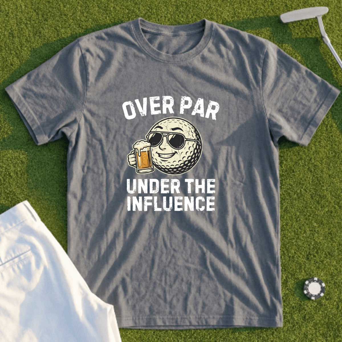 Grey t-shirt with "Over Par Under The Influence" text and a golf ball drinking beer.