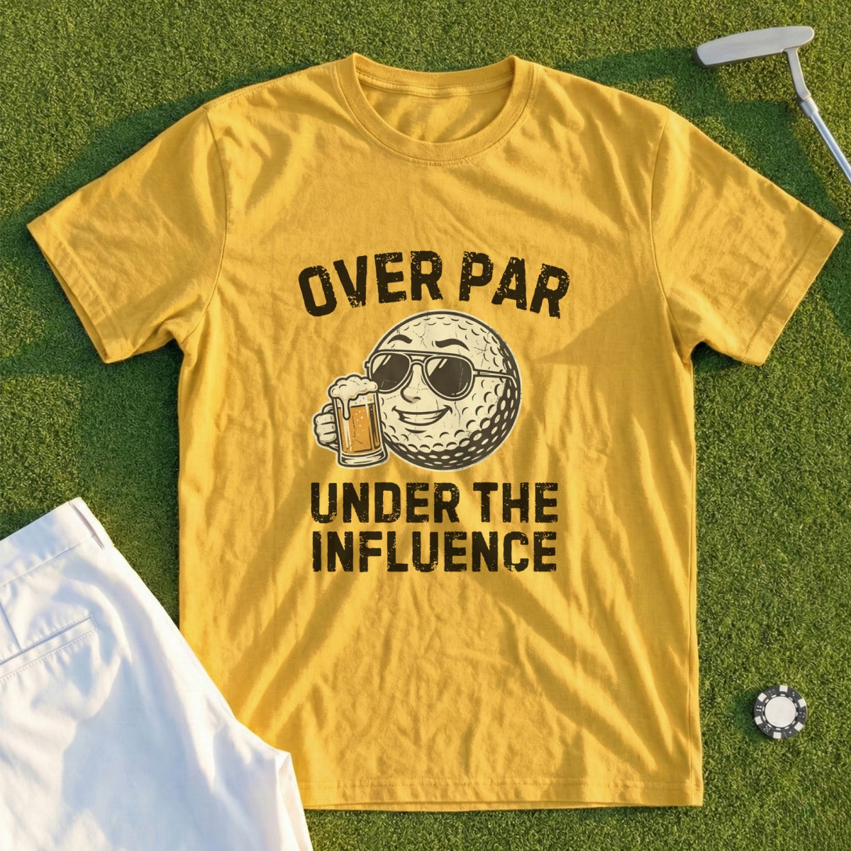 Yellow t-shirt with "OVER PAR UNDER THE INFLUENCE" text and a golfing cartoon.