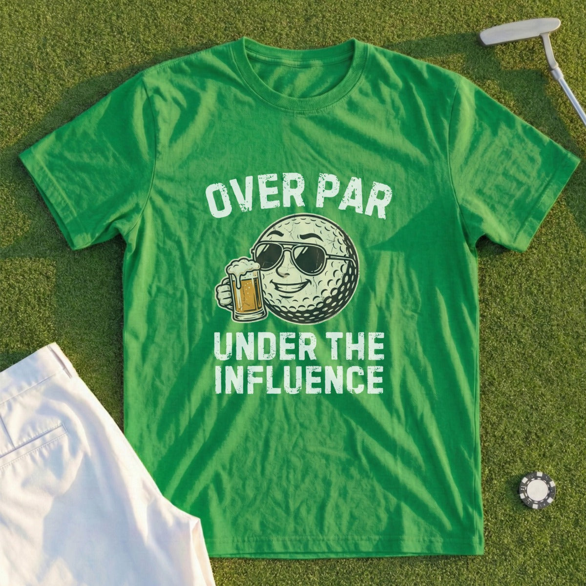 Green t-shirt with "OVER PAR UNDER THE INFLUENCE" text and a golfing mascot.