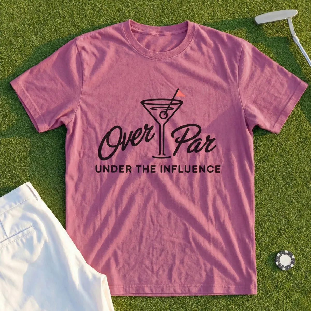 Rose t-shirt with "Over Par UNDER THE INFLUENCE" text and cocktail glass graphic.
