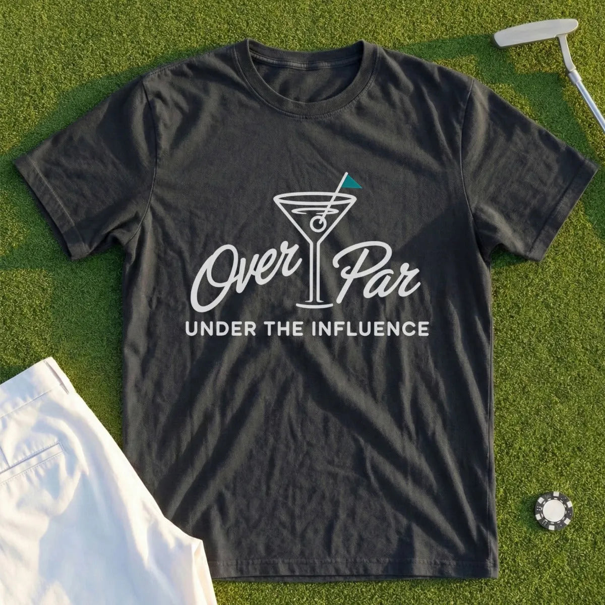 Dark t-shirt with "Over Par Under the Influence" text and martini graphic.