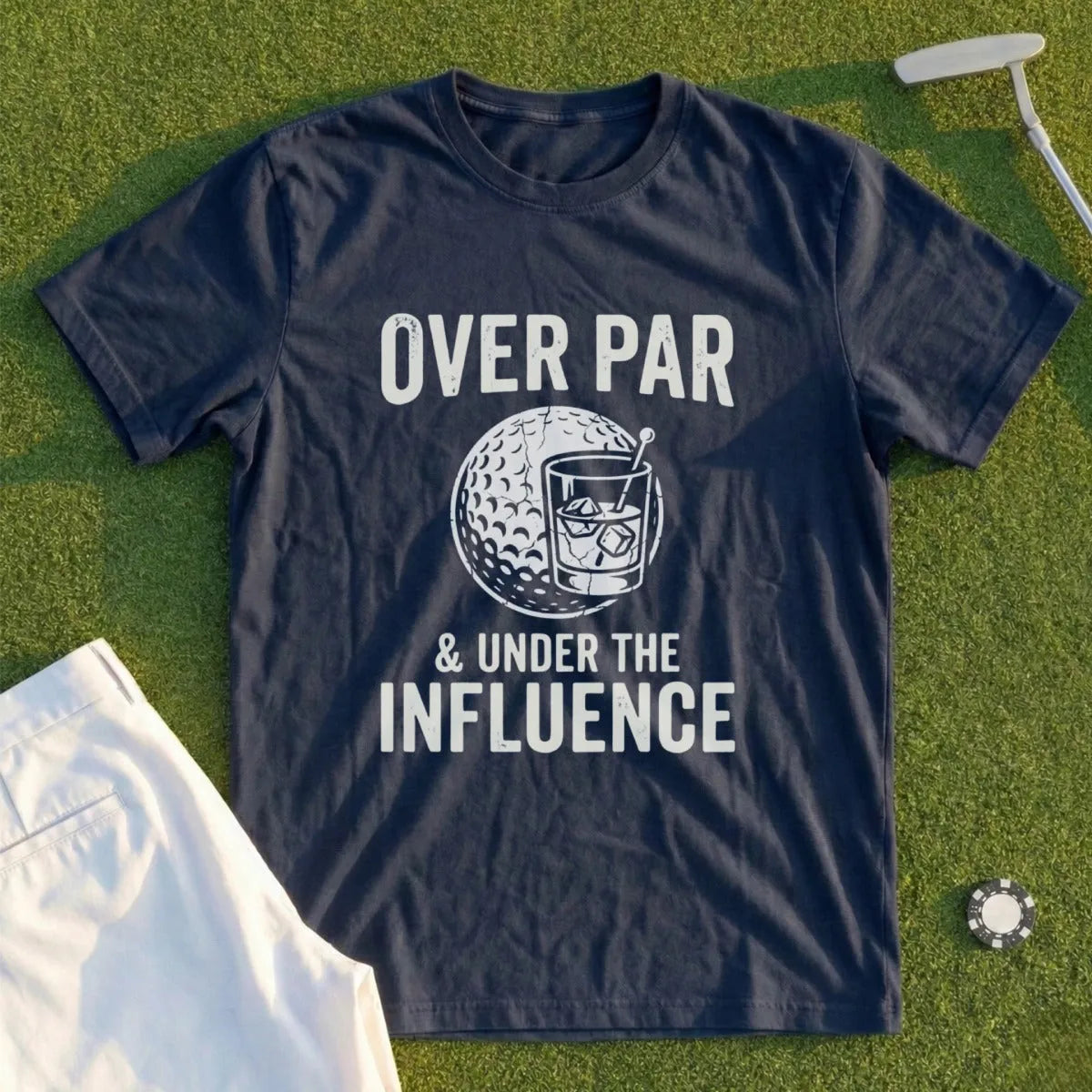 Navy t-shirt with "Over Par & Under The Influence" text and golf ball graphic.