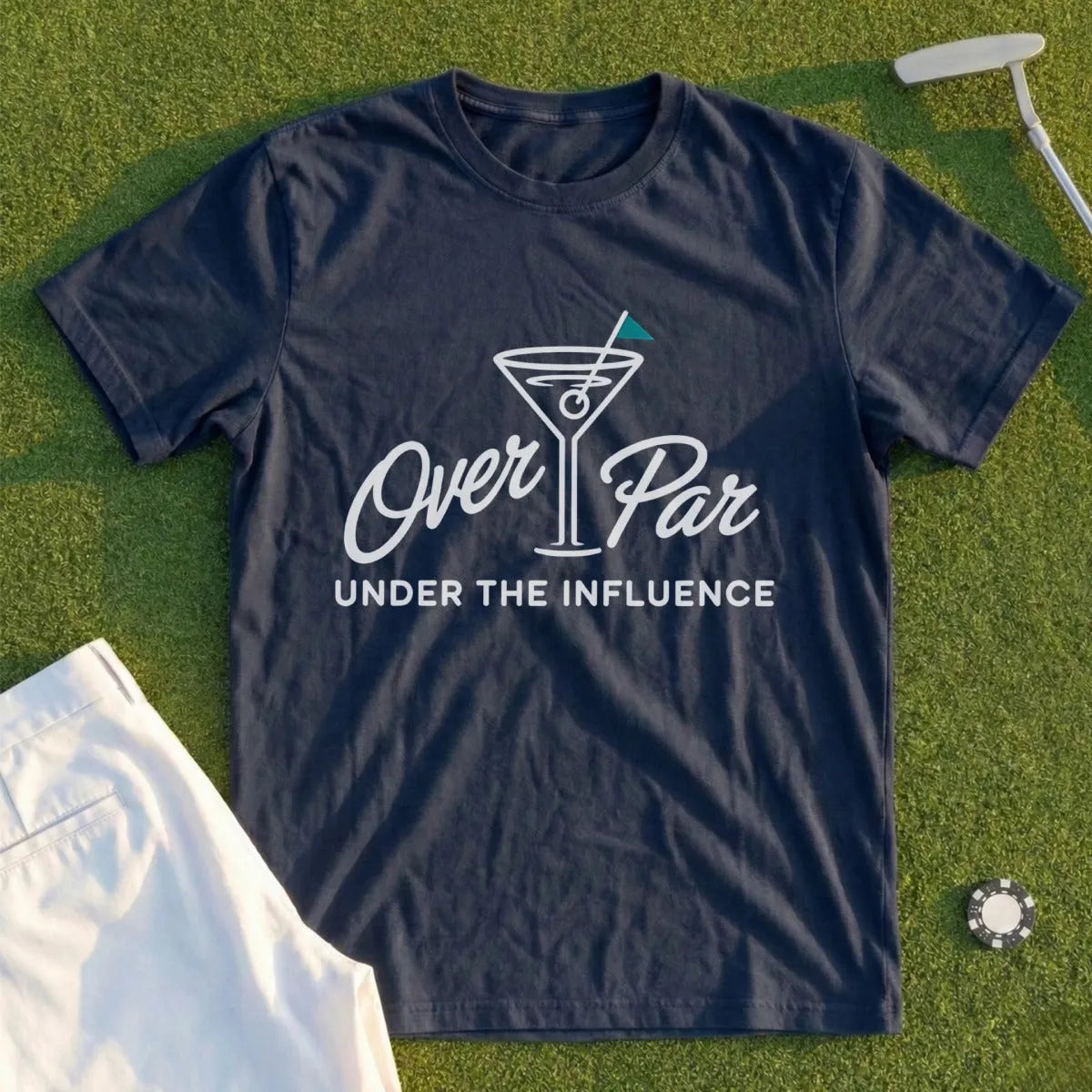 Navy t-shirt with "Over Par Under The Influence" and cocktail glass graphic.