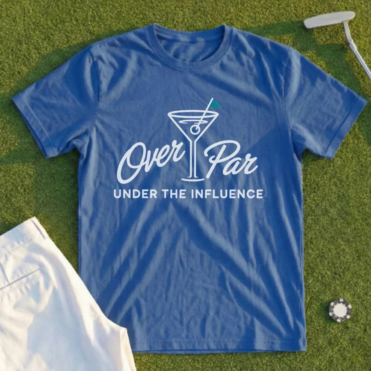 Blue t-shirt with white "Over Par" and martini glass graphic.