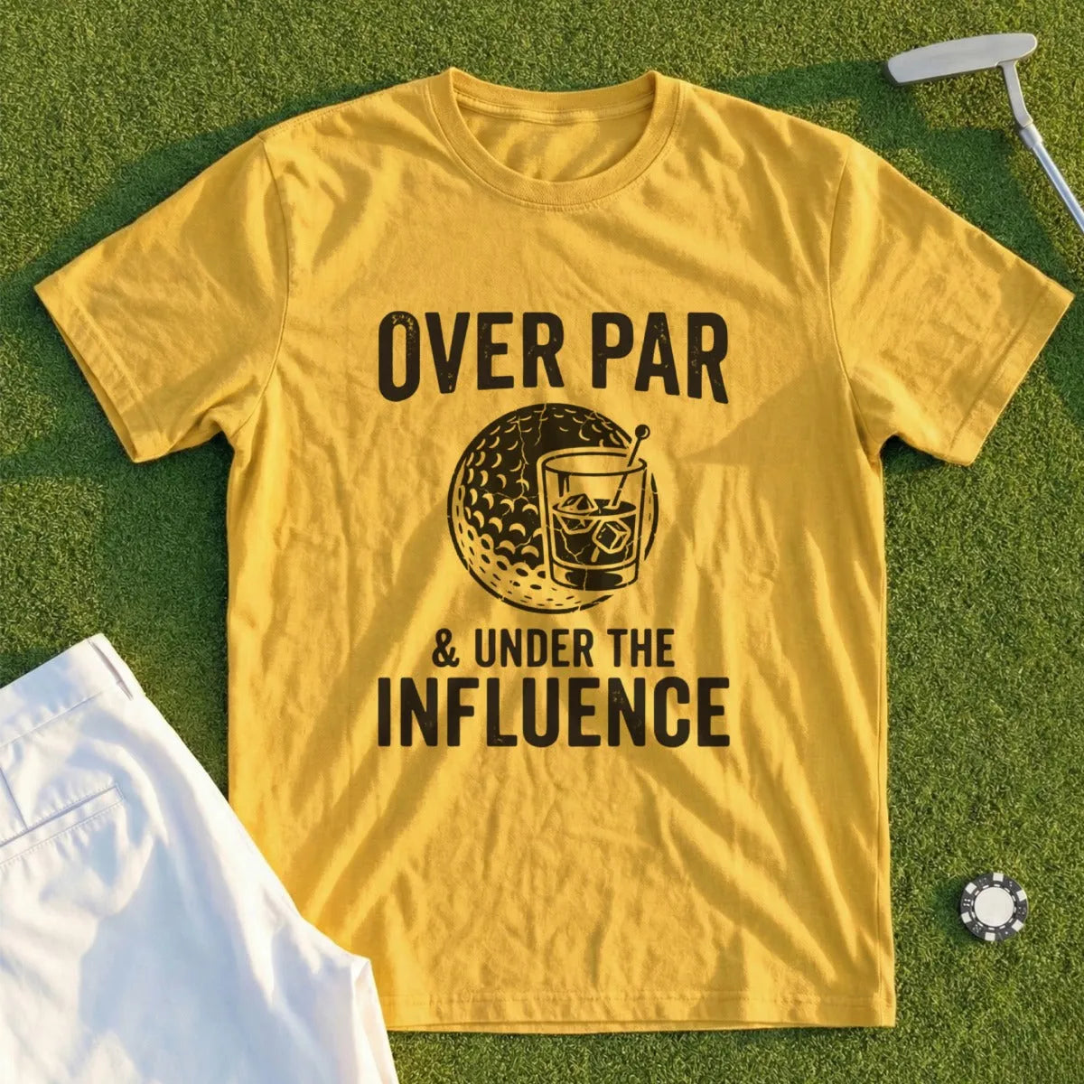 Yellow t-shirt with "OVER PAR & UNDER THE INFLUENCE" text and golf ball graphic.