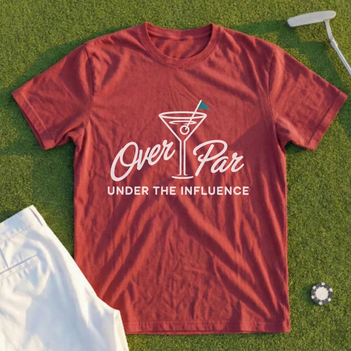 Maroon t-shirt with "Over Par Under The Influence" text and martini glass.