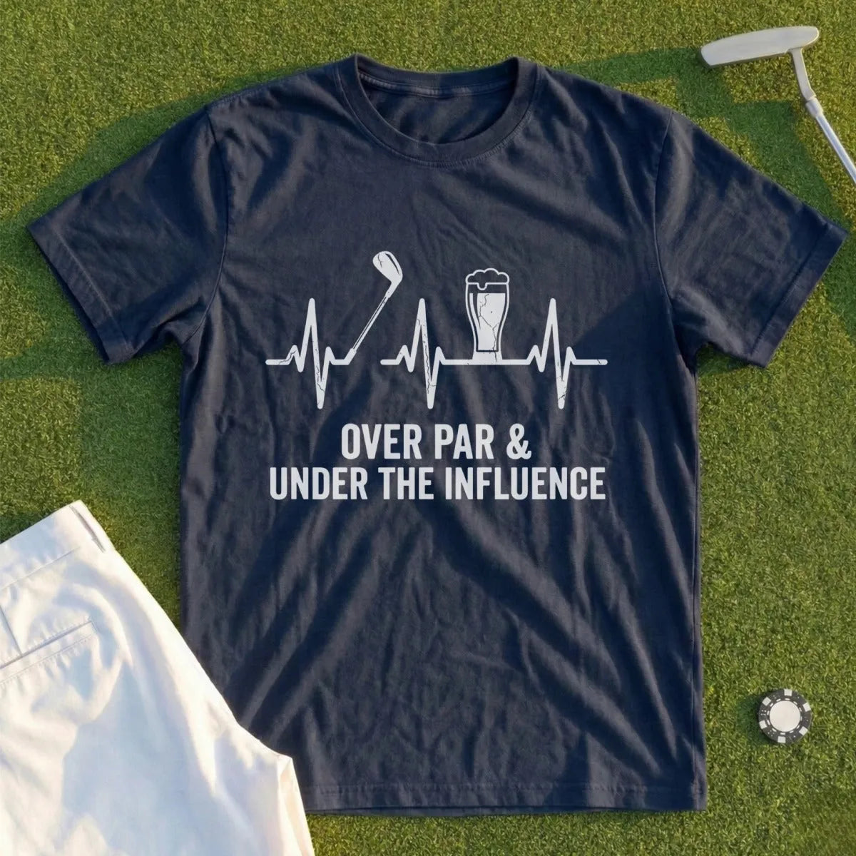 Navy t-shirt with golf and beer heartbeat graphic and text.