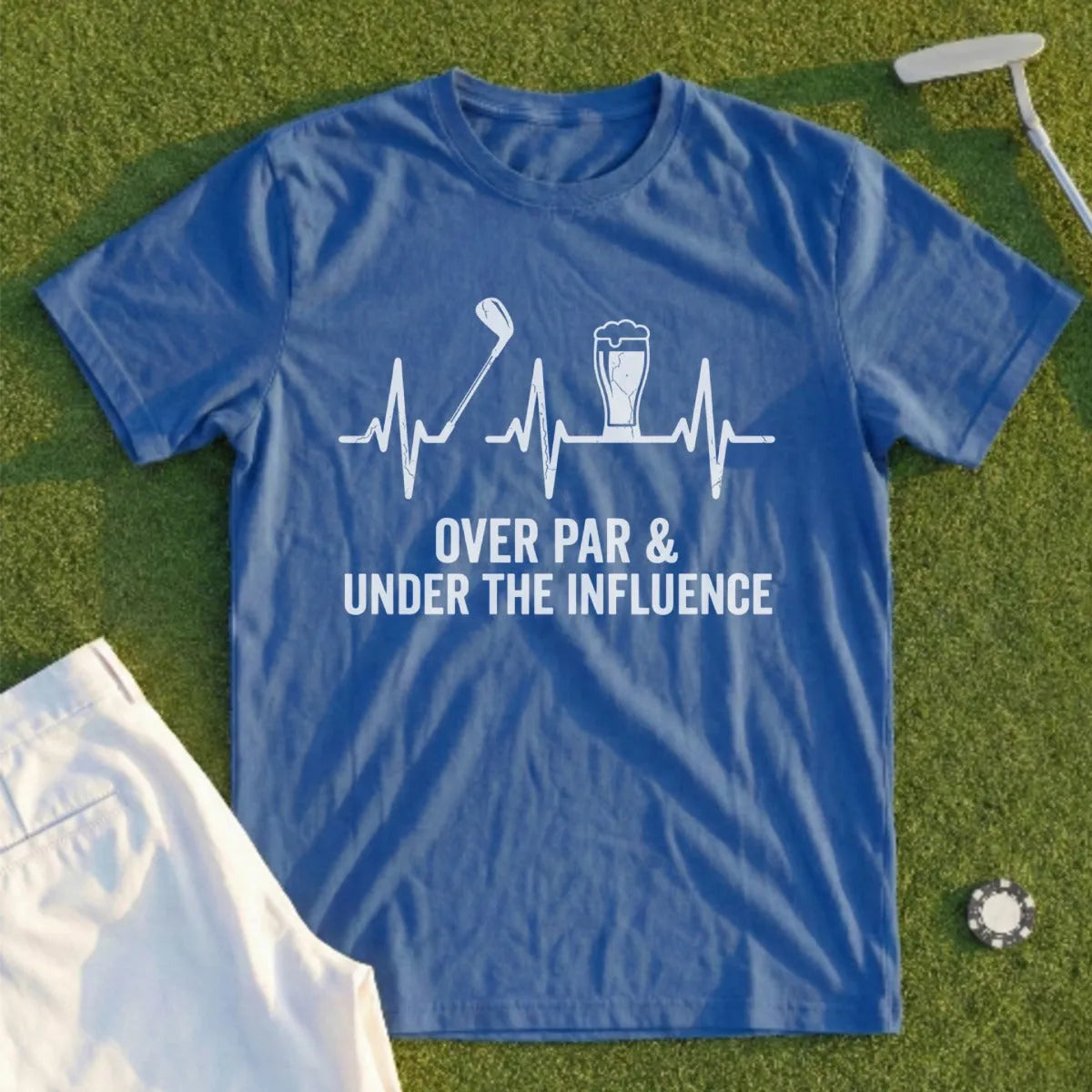 Blue t-shirt with golf club, beer, and heartbeat graphic.