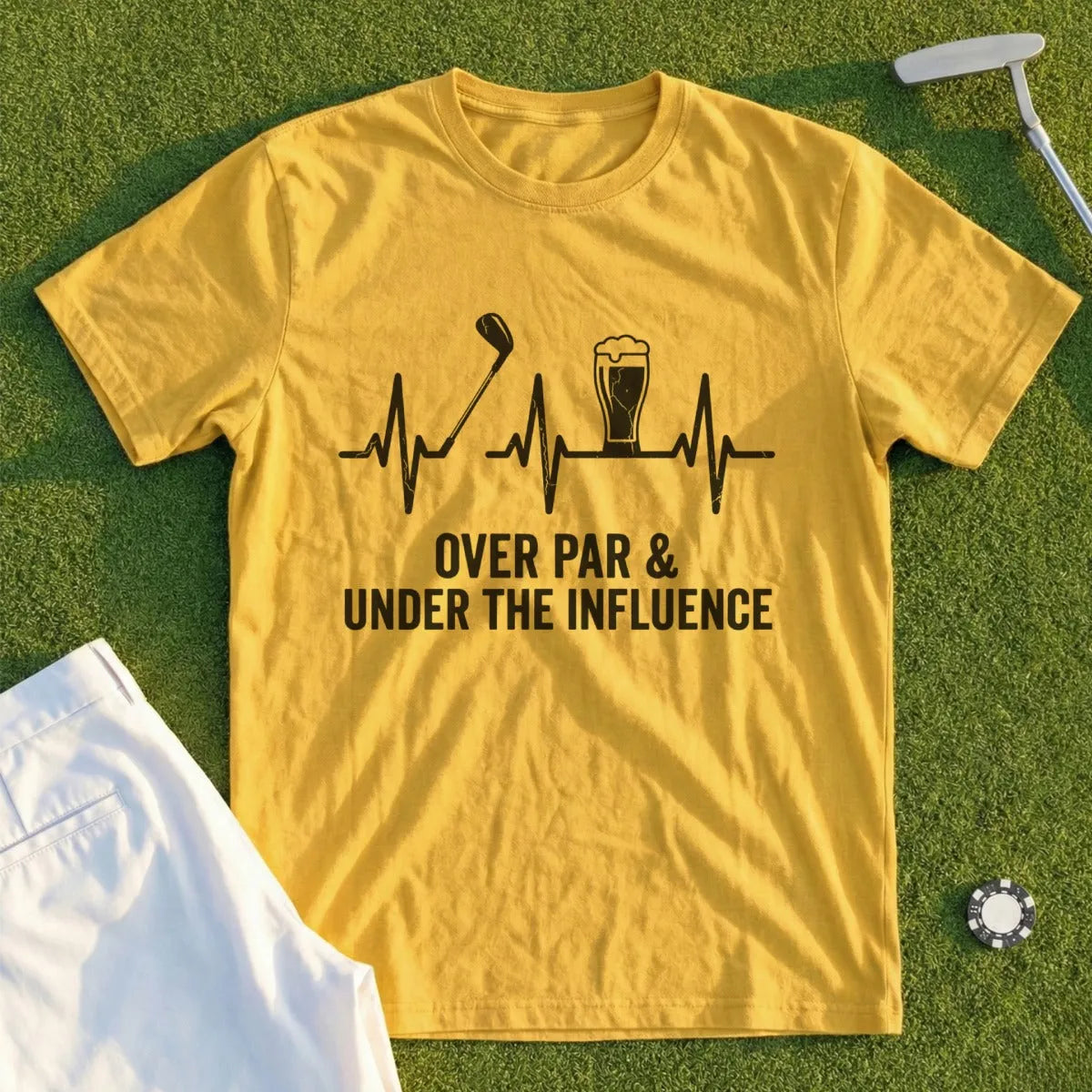 Yellow t-shirt with golf club, beer, and text "Over Par & Under the Influence".