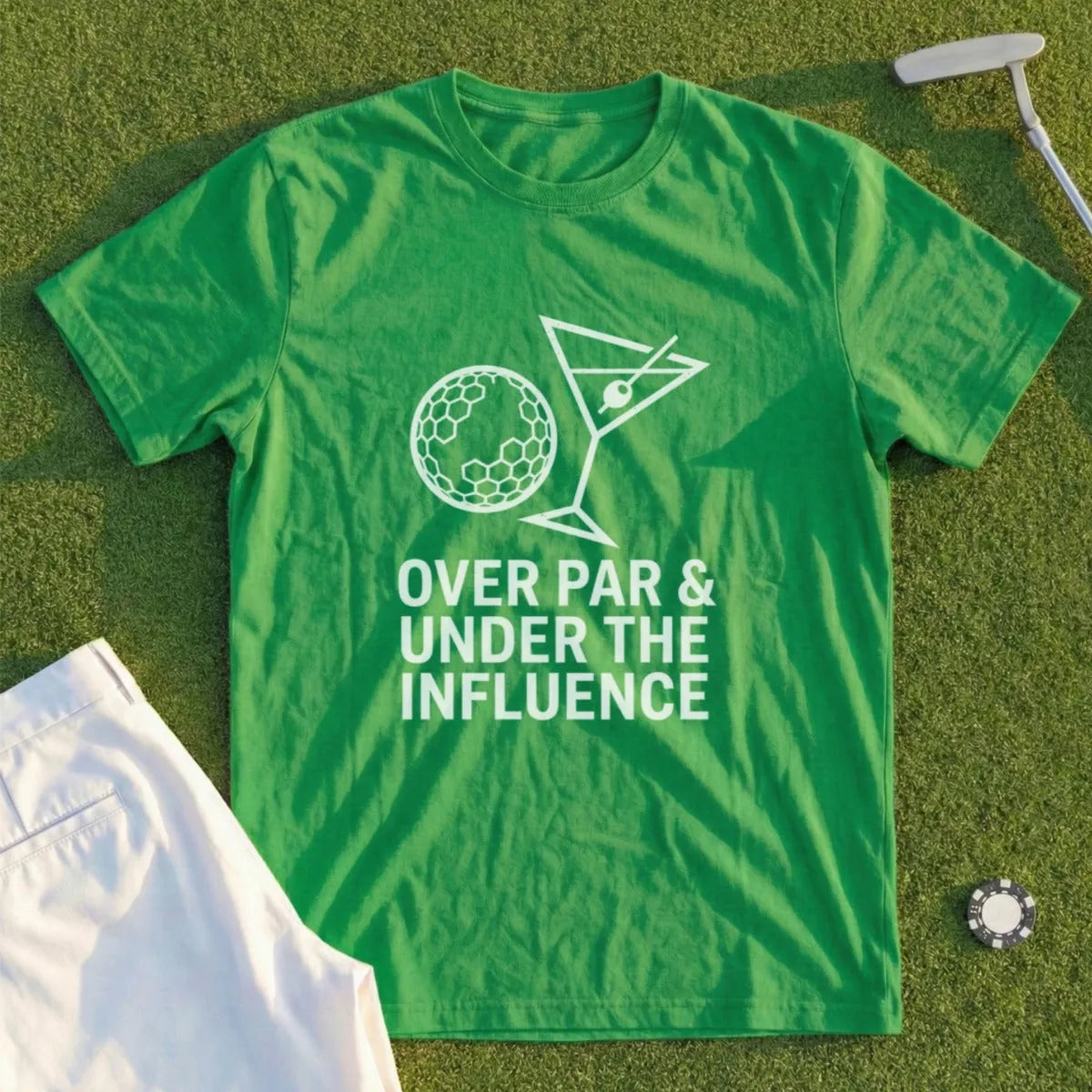 Green t-shirt with "Over Par & Under The Influence" text and golf ball martini graphic.