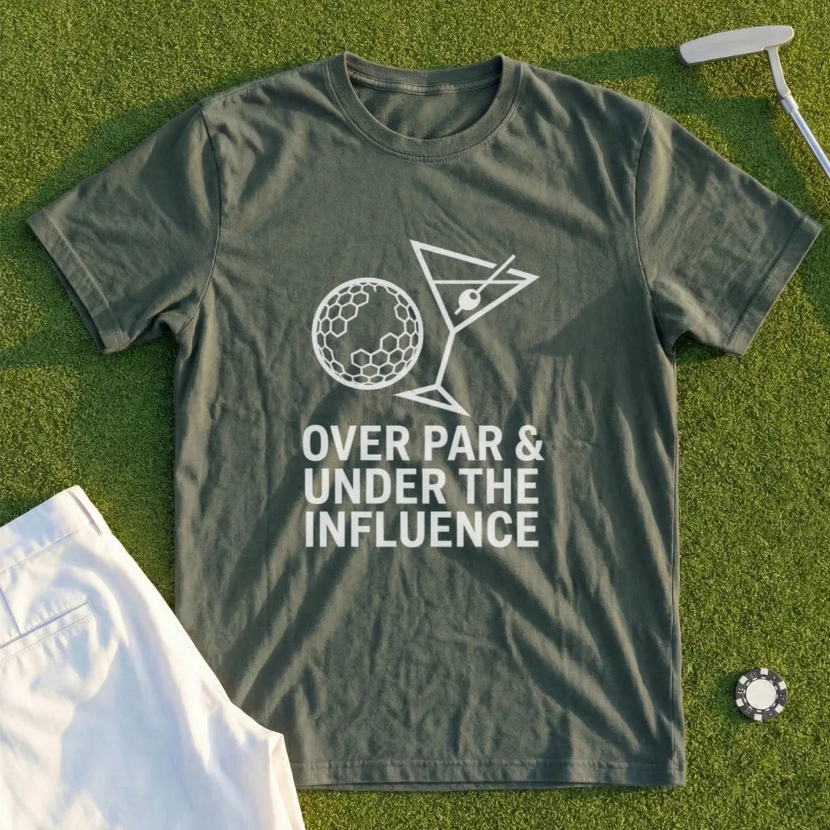Green t-shirt with "Over Par & Under The Influence" text and golf ball martini graphic.