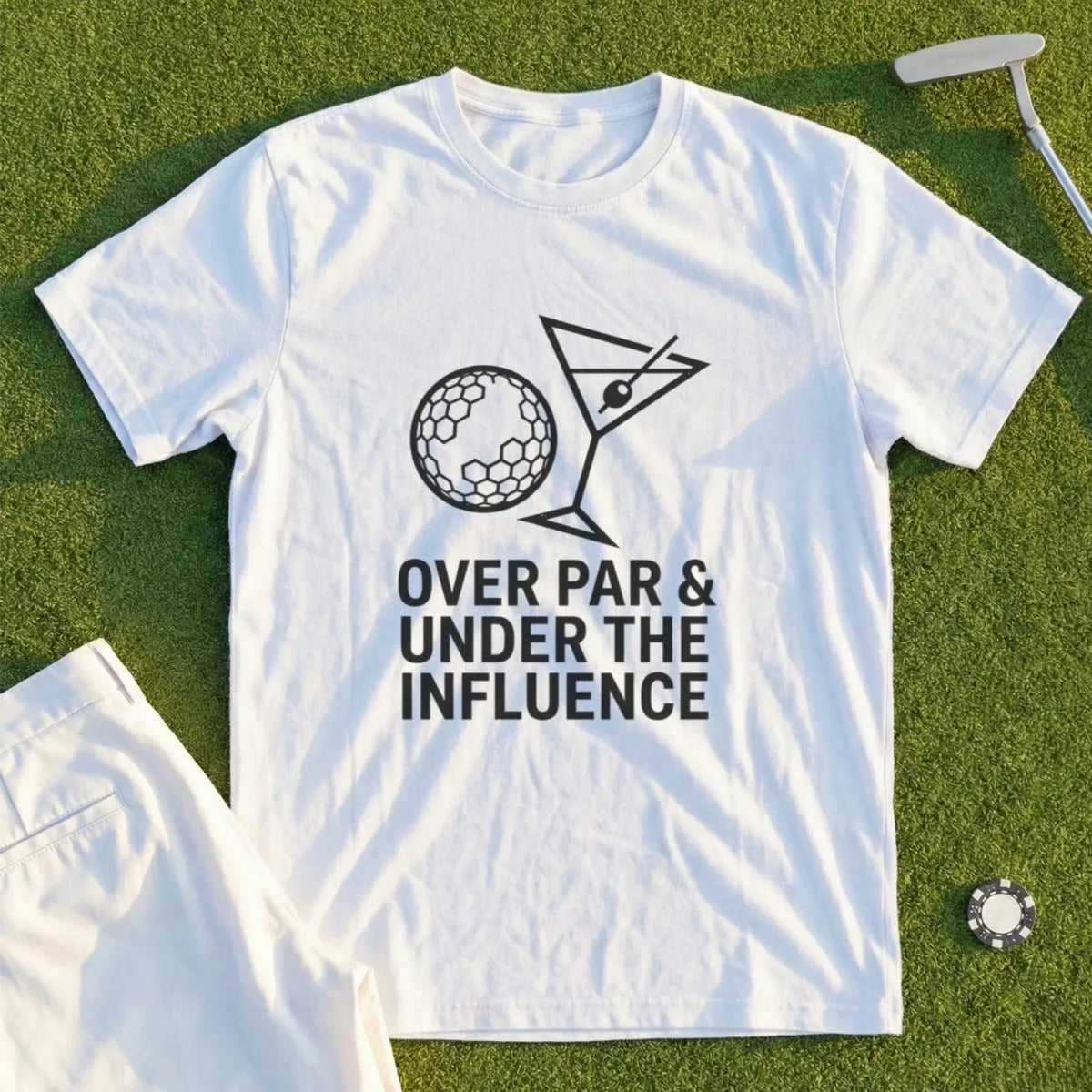 White t-shirt with "Over Par & Under the Influence" graphic and golf elements.