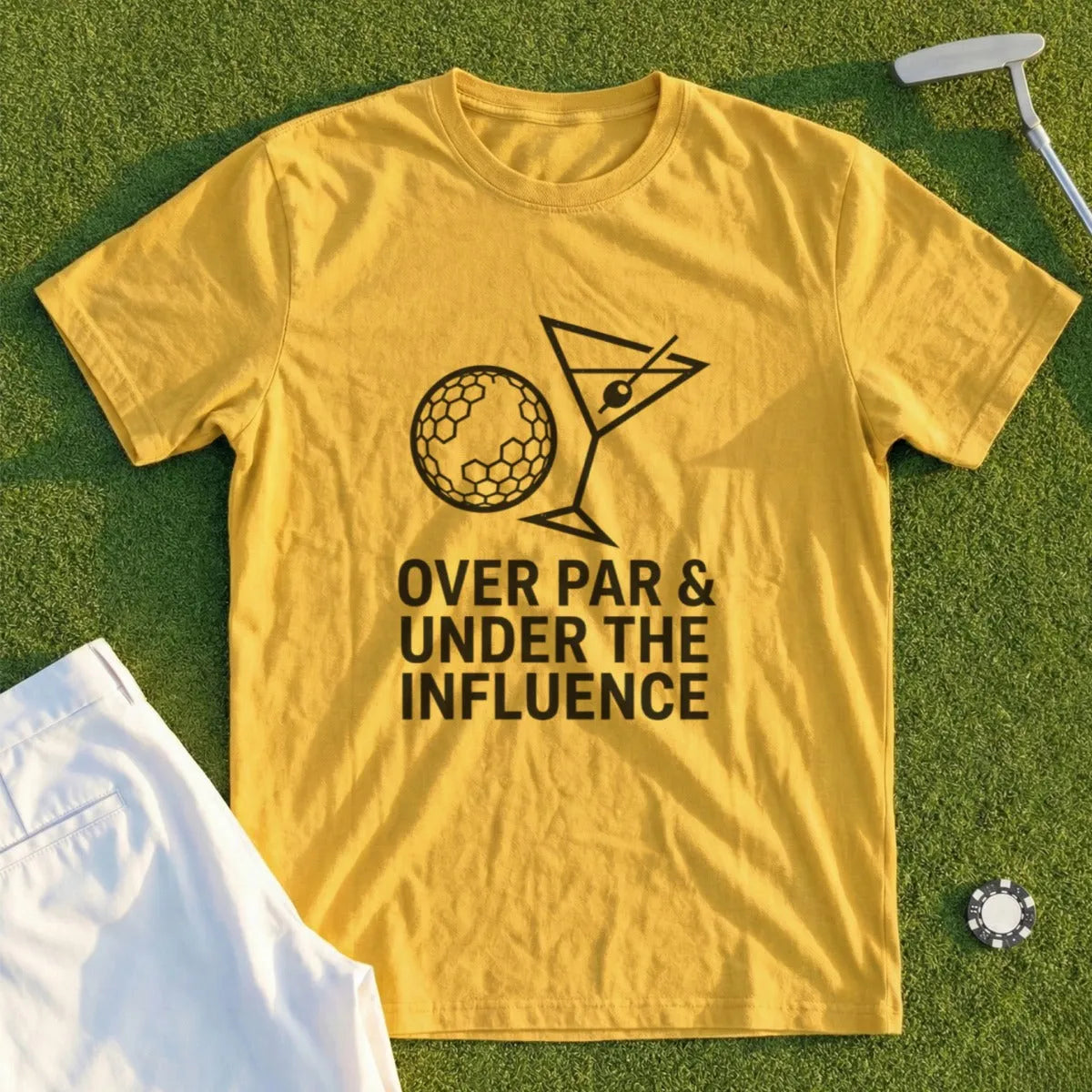 Yellow t-shirt with "OVER PAR & UNDER THE INFLUENCE" text and golf ball martini graphic.