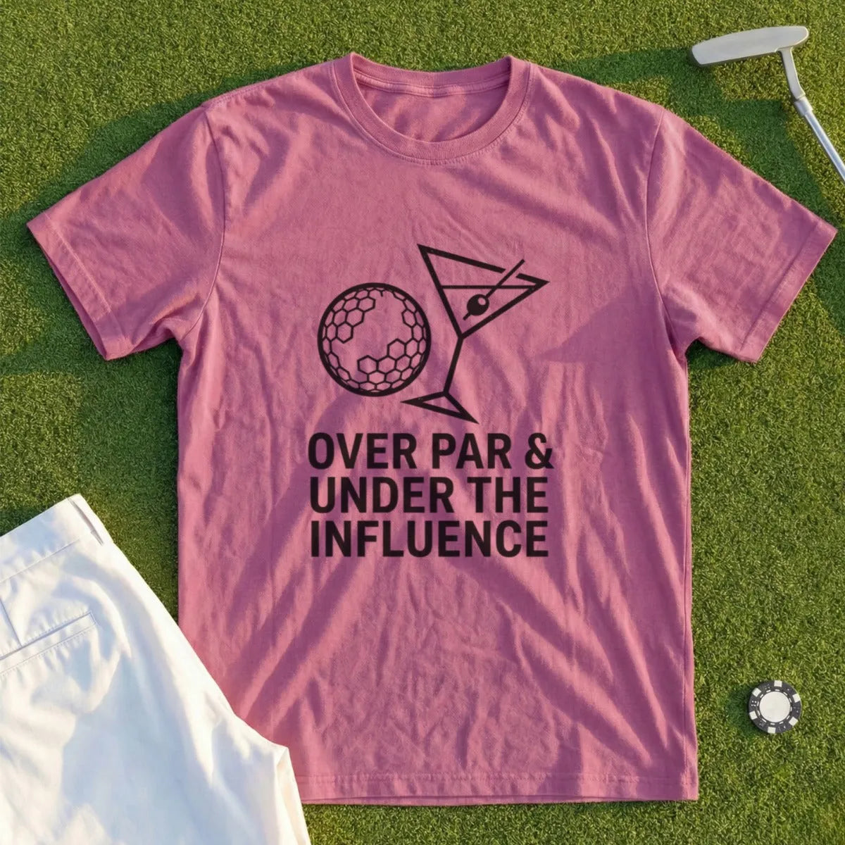 Maroon t-shirt with "Over Par & Under The Influence" text and golf ball martini graphic.