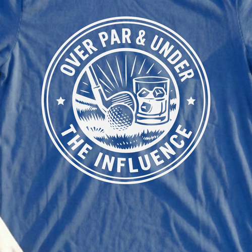 Over Par & Under The Influence Tee, print close-up on Royal
