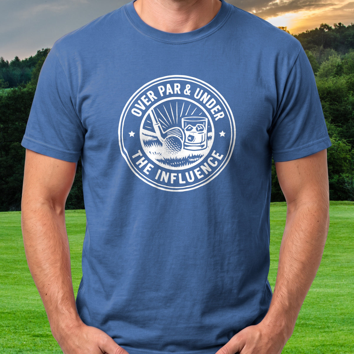 Over Par & Under The Influence Tee worn on the golf course, Royal