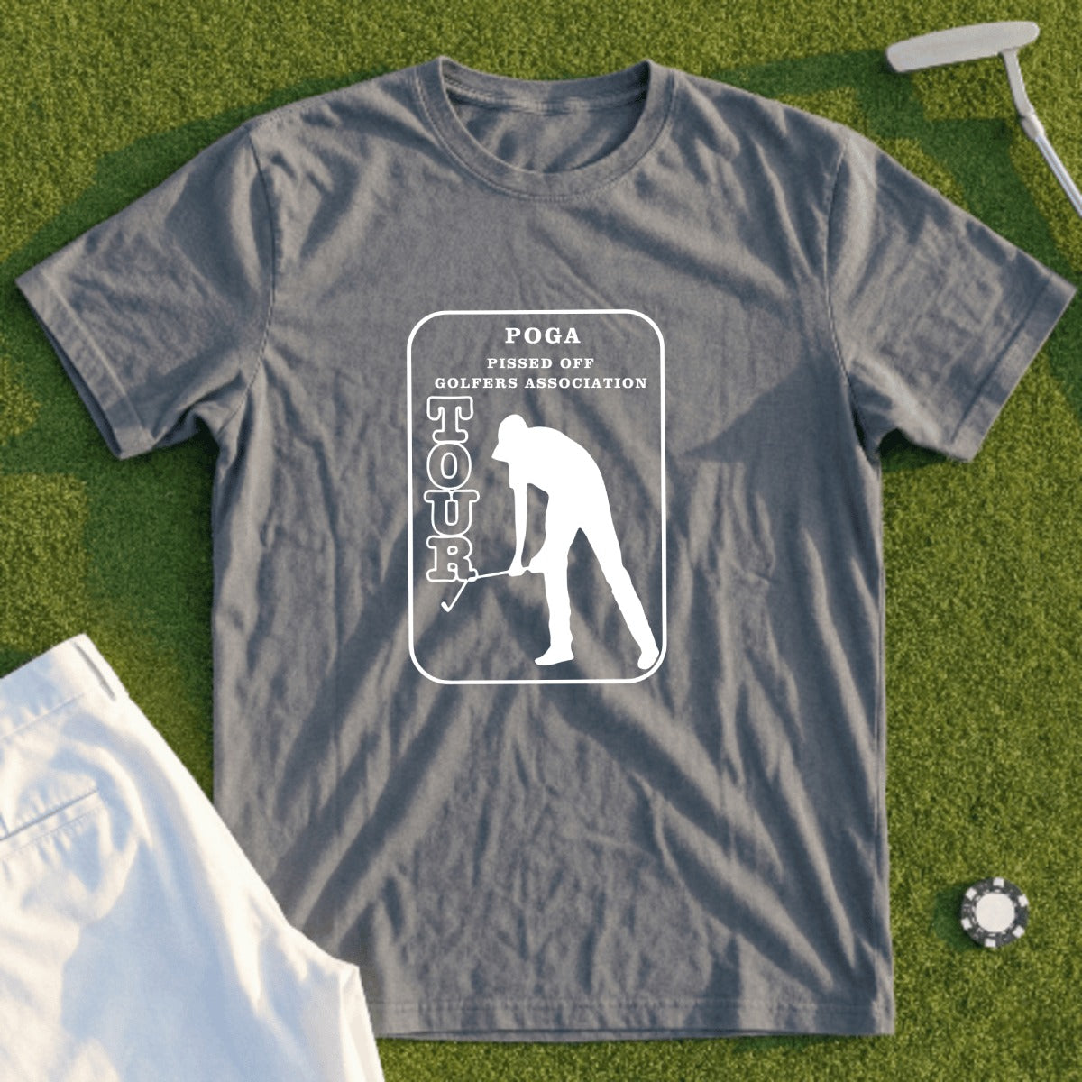 Grey t-shirt with "POGA PISSED OFF GOLFERS ASSOCIATION" logo and golfer graphic.