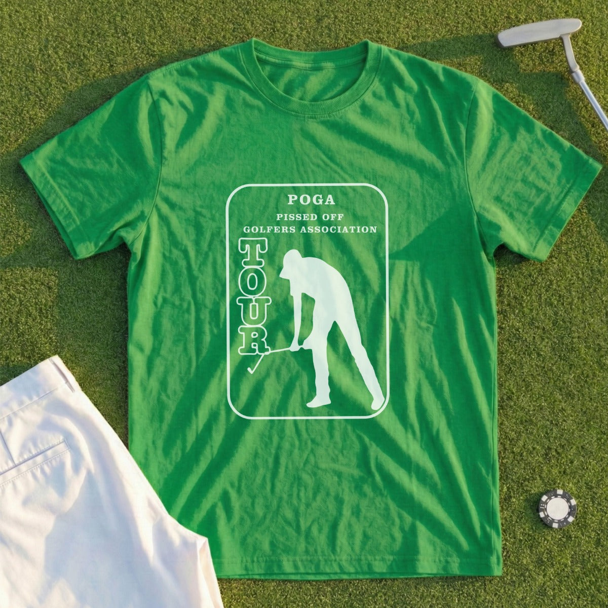 Green t-shirt with "POGA PISSED OFF GOLFERS ASSOCIATION TOUR" text and golfer graphic.