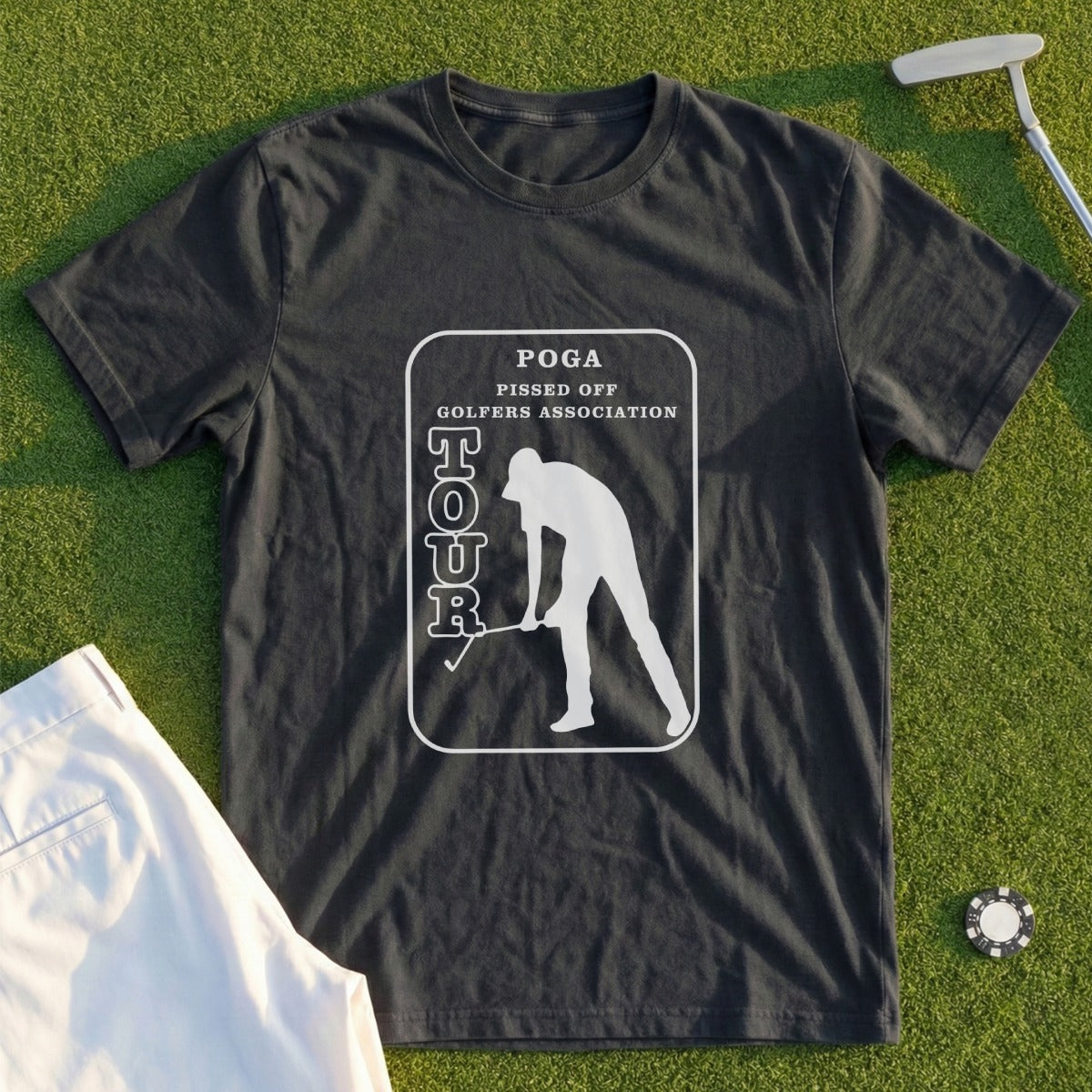 Dark t-shirt with white graphic of golfer and text "POGA TOUR Pissed Off Golfers Association".