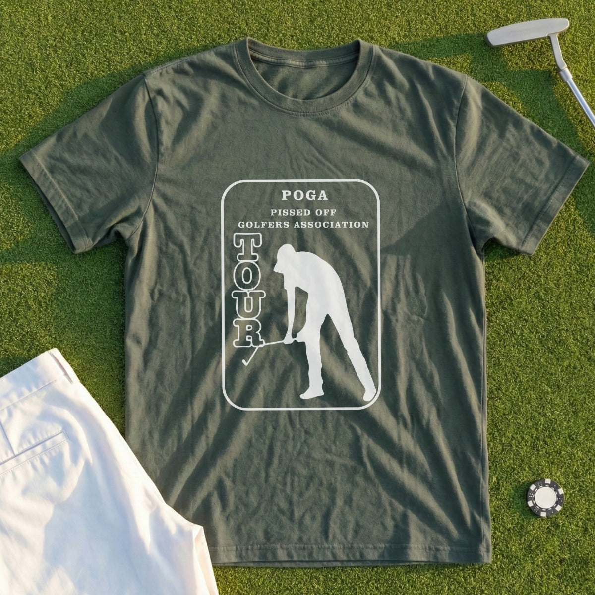 Olive t-shirt with POGA Pissed Off Golfers Association logo.