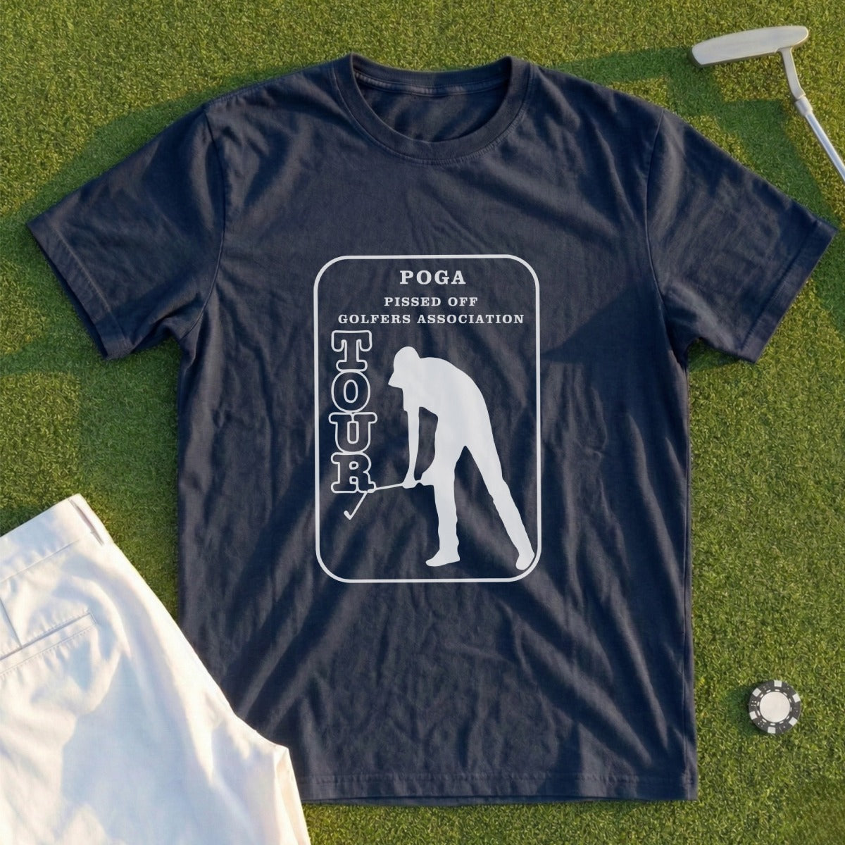 Dark blue t-shirt with "POGA PISSED OFF GOLFERS ASSOCIATION TOUR" text and golfer graphic.