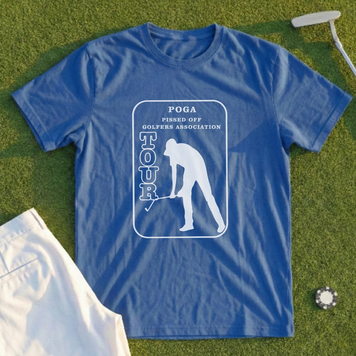 Blue t-shirt with "POGA PISSED OFF GOLFERS ASSOCIATION" text and golfer graphic.