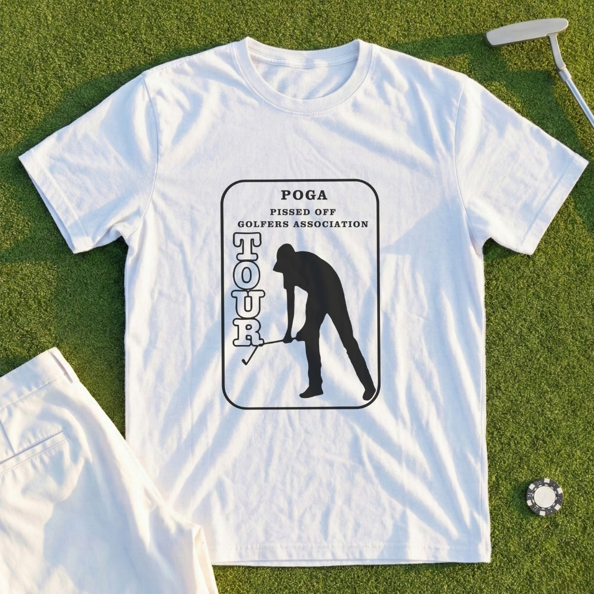 White t-shirt with "POGA PISSED OFF GOLFERS ASSOCIATION TOUR" text and golfer silhouette.