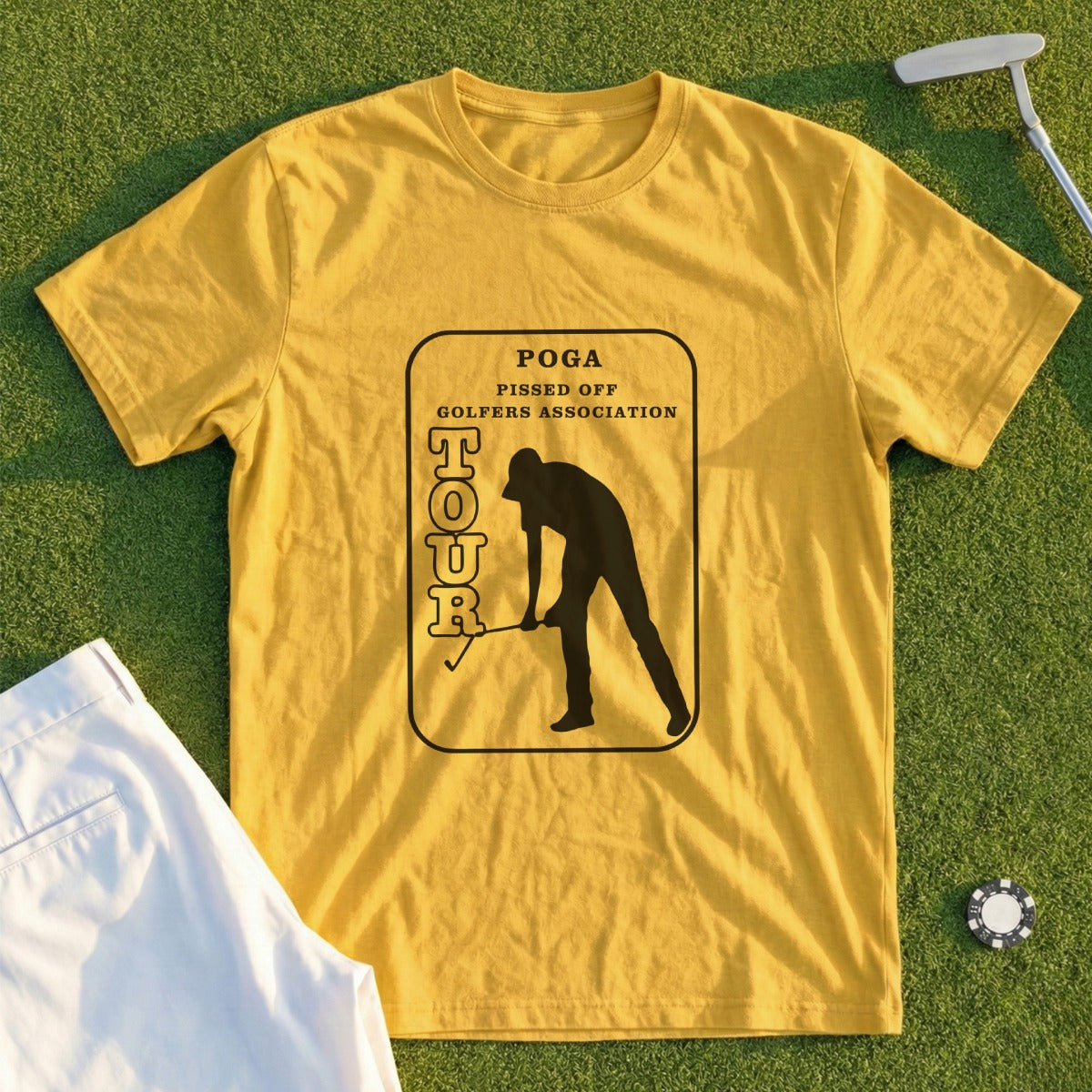 Yellow t-shirt with "POGA TOUR" and golfer silhouette graphic.