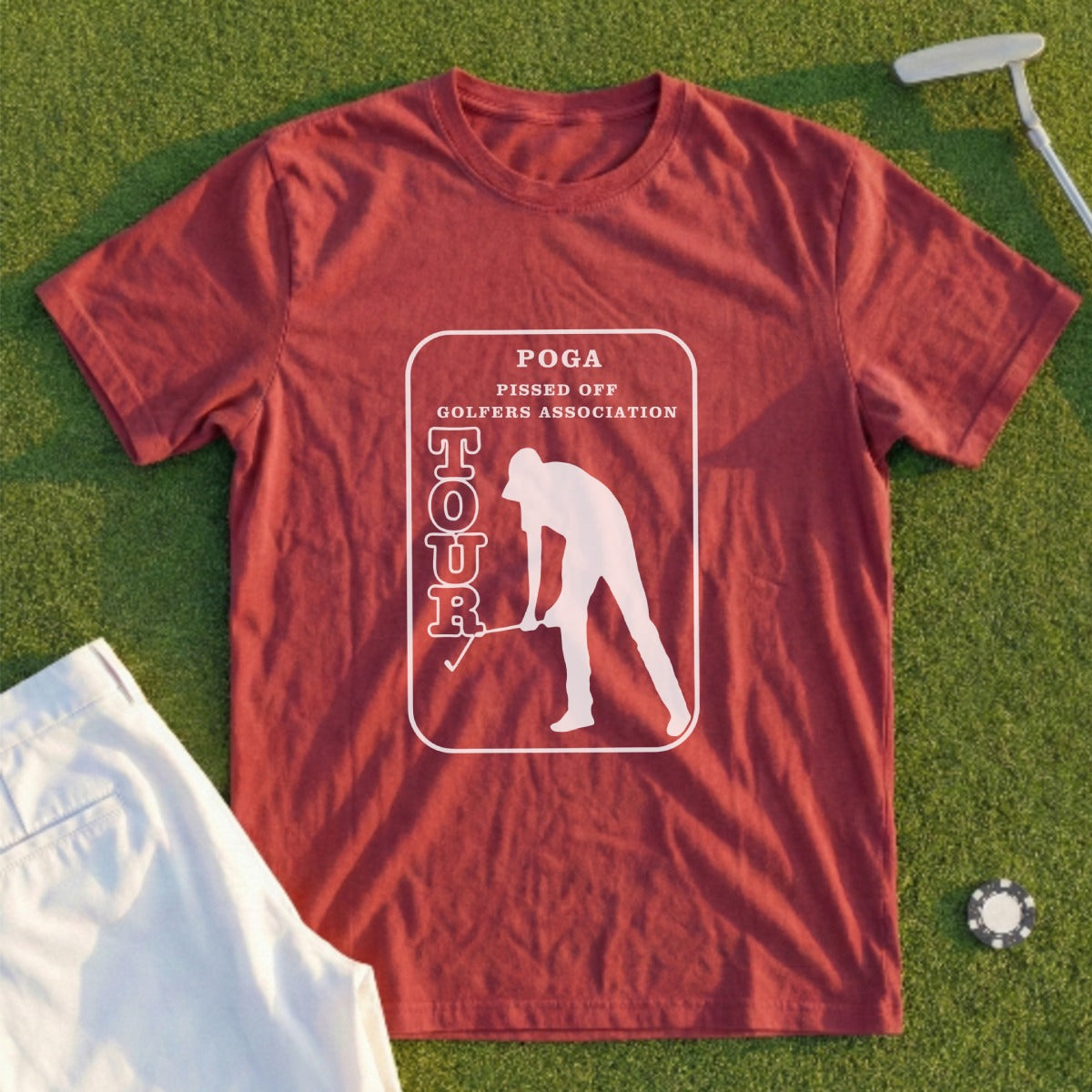 Maroon t-shirt with "POGA PISSED OFF GOLFERS ASSOCIATION" and golfer silhouette logo.