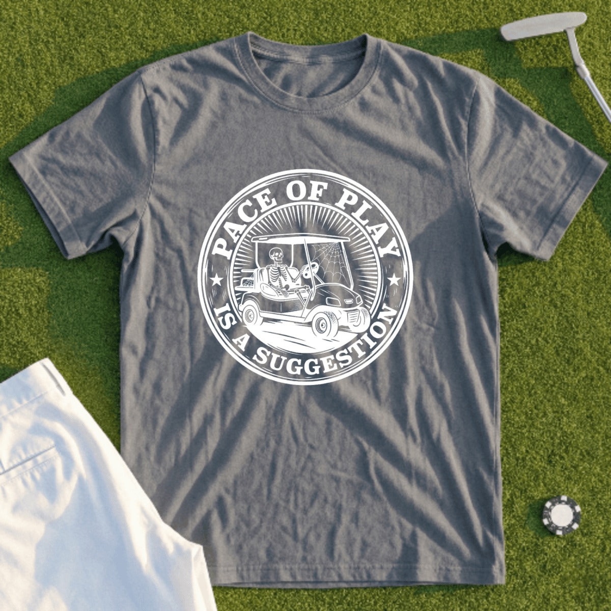 Skeleton driving a golf cart with "Pace of Play is a Suggestion" text.