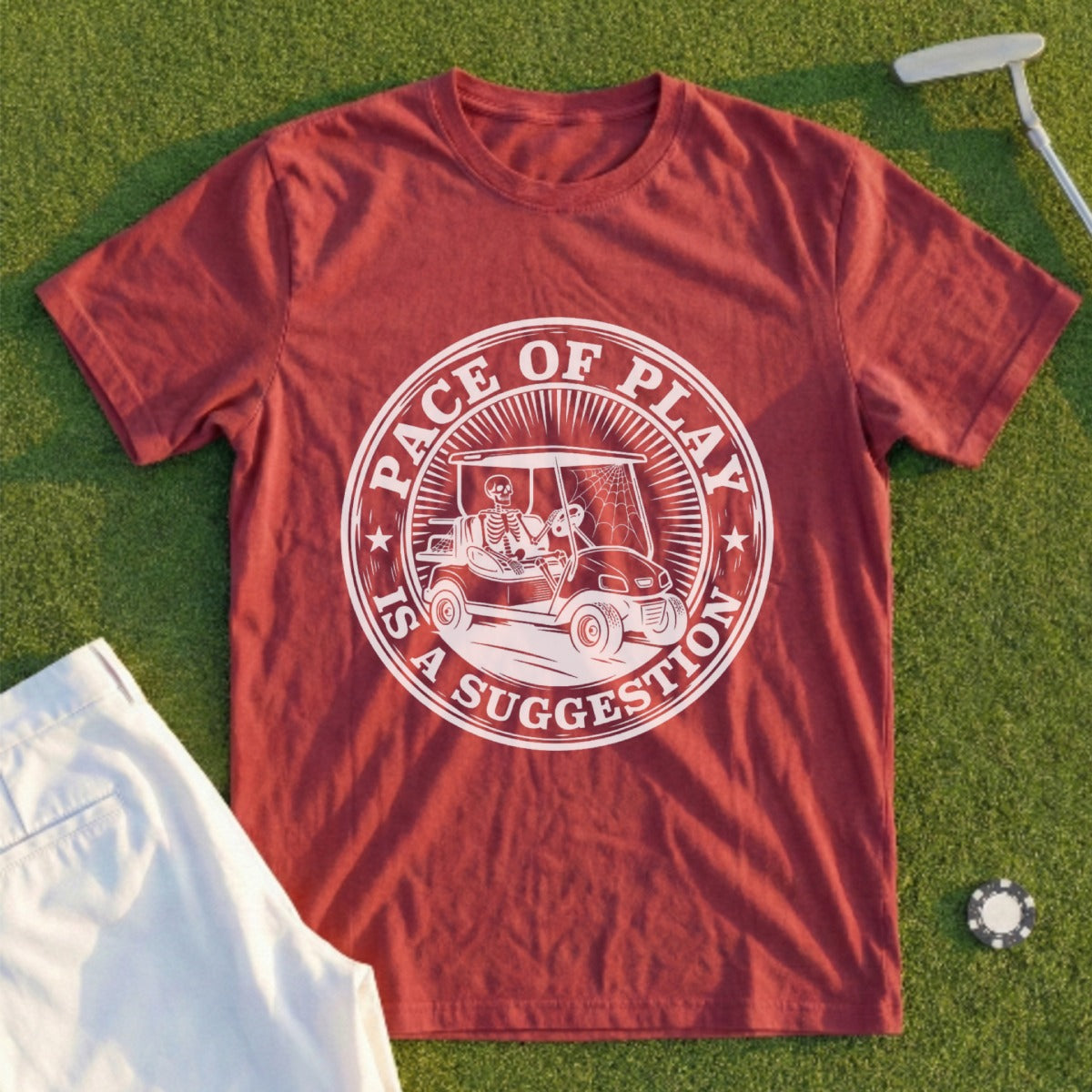 Red t-shirt with skeleton driving golf cart and "Pace of Play is a Suggestion" text.