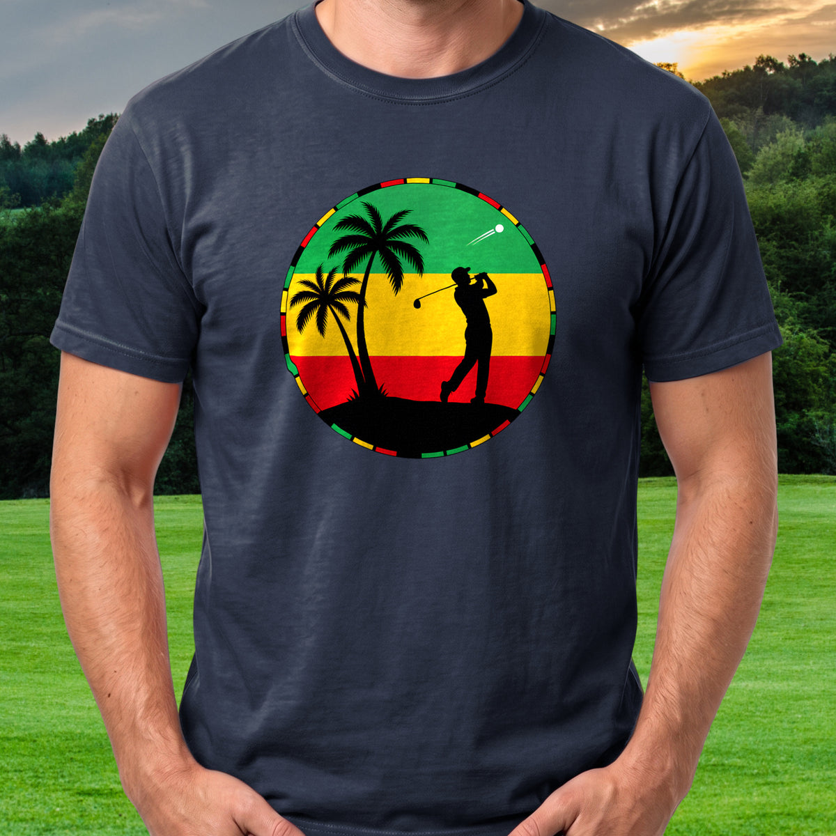 Palm Tree Tee Off Tee worn on the golf course, Navy