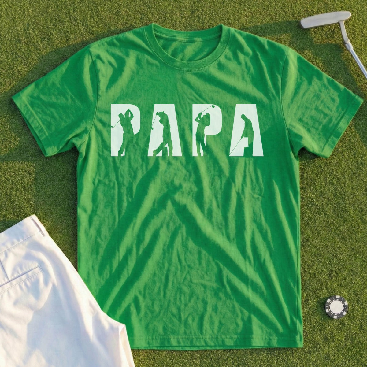 Green t-shirt with white "PAPA" text featuring golf silhouettes.